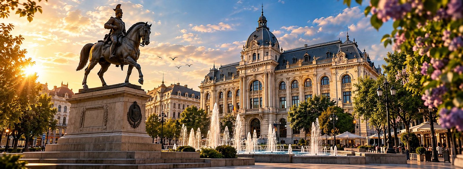 Craiova at golden hour: the statue of Michael the Brave, the Administrative Palace and the fountains on Piața Mihai Viteazul
