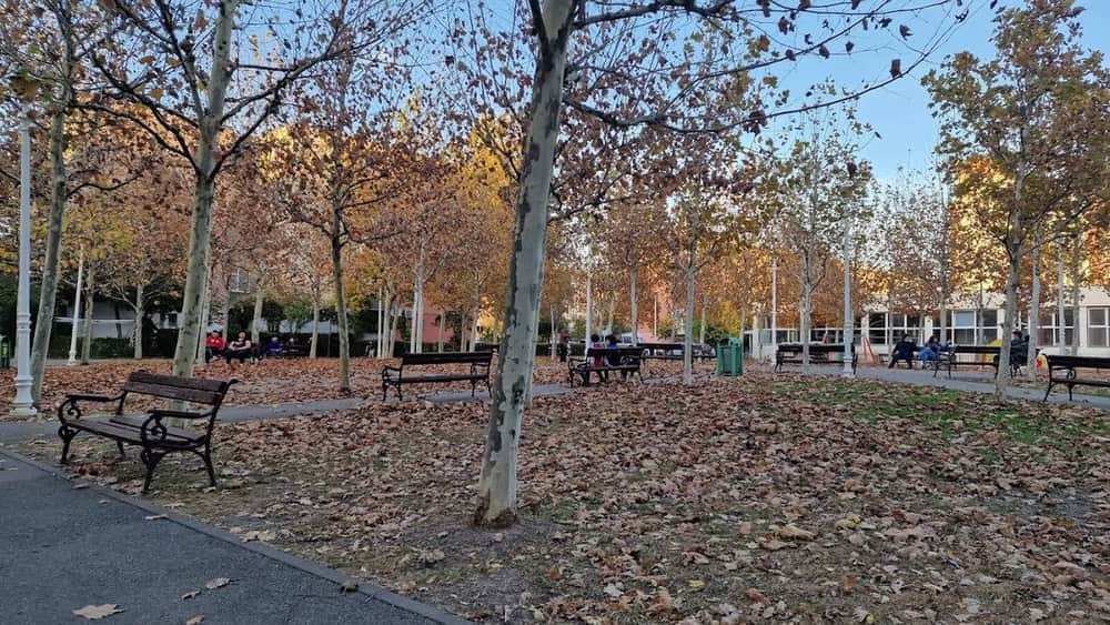 Landscaped park with benches and playground for children — 3